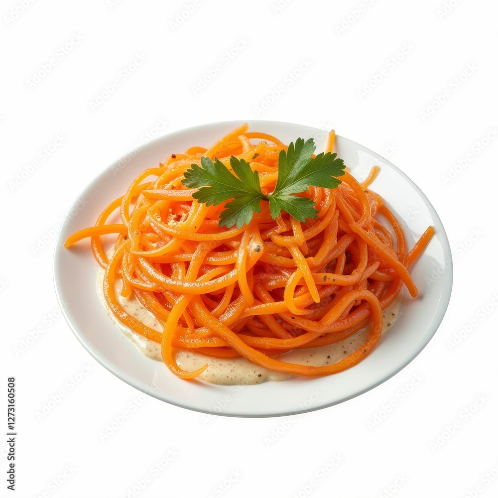 Elegant Spiralized Carrot Salad with Creamy Sauce and Fresh Parsley on White Plate Presentation Elegant Spiralized Carrot Salad with Creamy Sauce and Fresh Parsley on White Plate Presentation