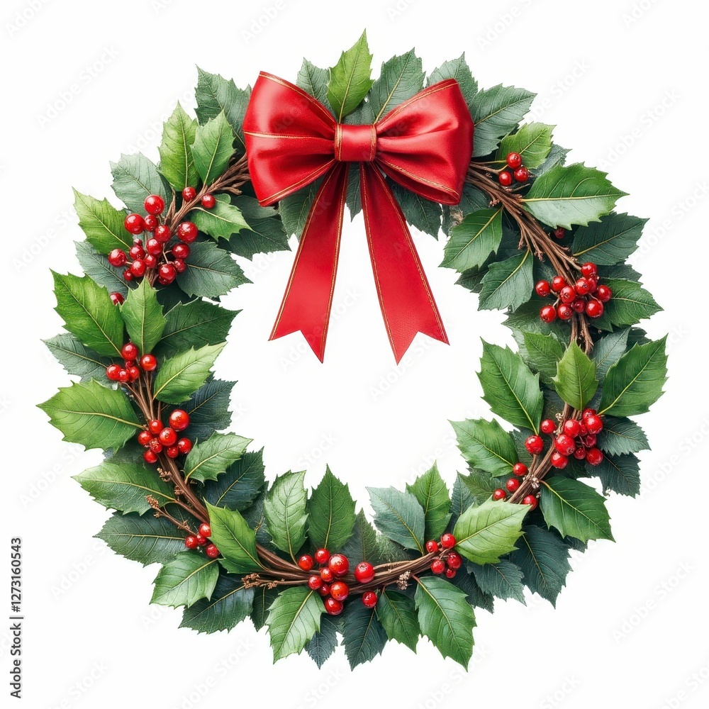 Festive Holly Wreath with Red Bow Elegant Christmas Holiday Decoration Celebration Arrangement Festive Holly Wreath with Red Bow Elegant Christmas Holiday Decoration Celebration Arrangement