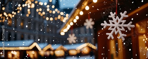 Snowy Christmas Market Decorations and Lights Festive Ambiance with Large White Snowflakes Hanging photo