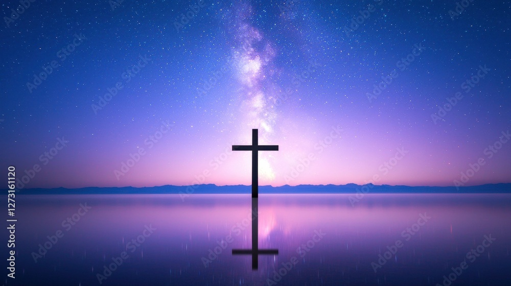 Naklejka premium Serene Water Reflection of Silhouette Cross Under Starry Night Sky Spiritual Stillness and Hopeful Faith