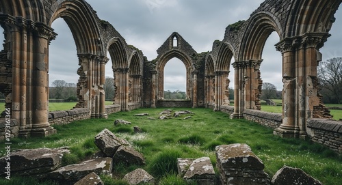 Ruins of a medieval abbey with broken windows grass growing between the stones cloudy morning spring
