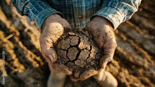 A farmer holding dry, cracked soil with a worried expression â€“ Agricultural crisis photo