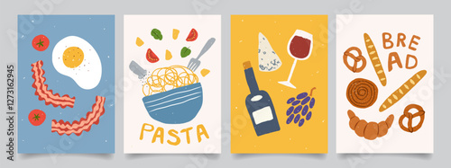 Abstract hand drawn food posters. Trendy art prints with pasta, fried eggs, bacon, tomato, bread, wine and cheese. Italian food. Healthy breakfast. Minimalist design for wall decor, restaurant menu.