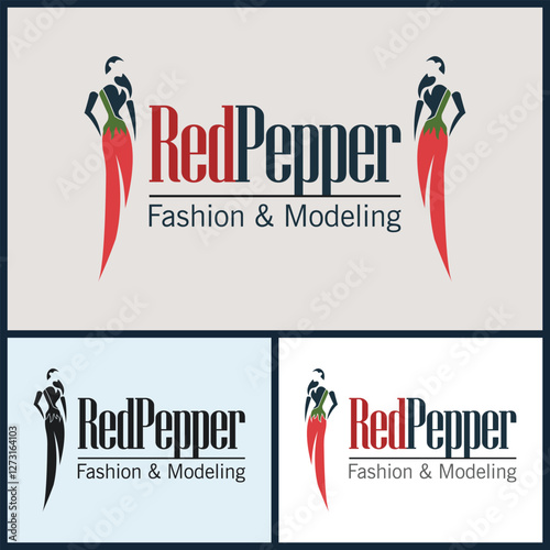 Female model pose with a combination of red chili peppers logo set templates design