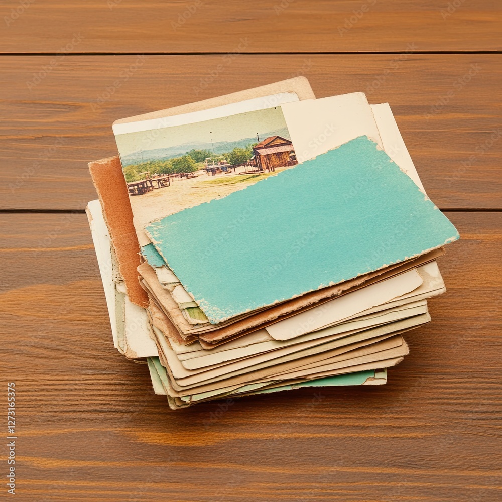 Fototapeta premium including grainy textures, Nostalgic aesthetics Retro and Vintage Photography Collection of vintage photo cards stacked.