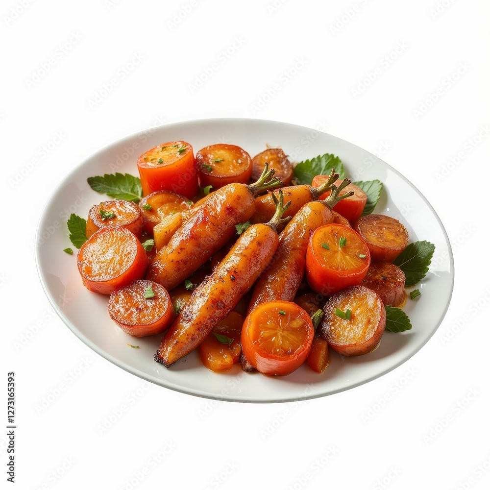 Glazed Carrots and Tomatoes with Fresh Herbs Delicious Culinary Dish on a White Plate Food Photography Glazed Carrots and Tomatoes with Fresh Herbs Delicious Culinary Dish on a White Plate Food Photography
