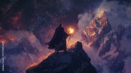 Elf druid standing on a mountain peak with a glowing staff against a cosmic backdrop for fantasy themes