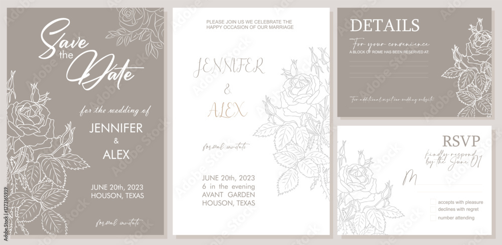 Fototapeta premium Elegant Wedding Invitation, Save the Date template with RSVP, Details cards. Minimalist botanical stylish Wedding Invitation set with rose flowers line art in pastel gray colors Vector illustration.