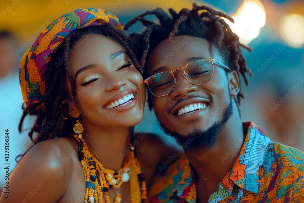 Fototapeta premium Joyful couple smiling together during a vibrant outdoor event in a tropical setting at sunset