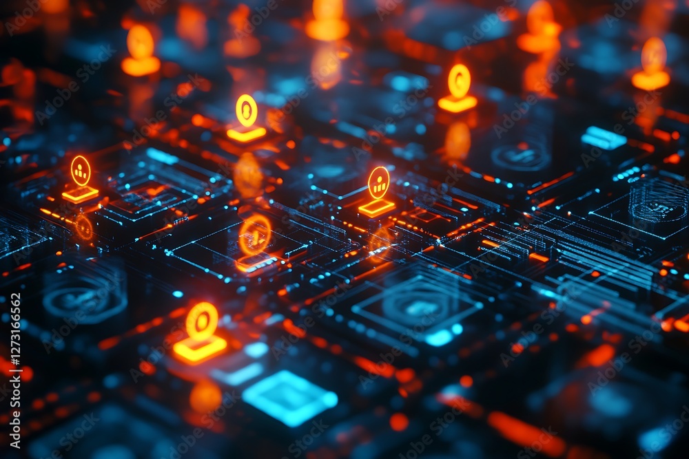 Fototapeta premium Futuristic digital network, user profiles grid, glowing blue and orange nodes, data visualization, interconnected system, cybersecurity concept, abstract technology background