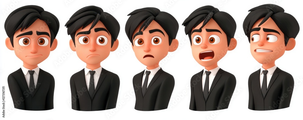 3D cartoon businessman faces of different character with Happy and sad ,angry,bossy,Emoticons with different moods,copy space. 3D cartoon businessman faces of different character with Happy and sad ,angry,bossy,Emoticons with different moods,copy space.