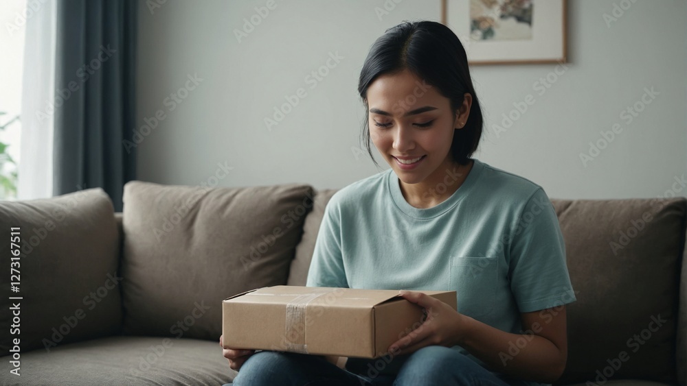 Malaysian non-binary person unboxing an online delivery package in a cozy living room Malaysian non-binary person unboxing an online delivery package in a cozy living room