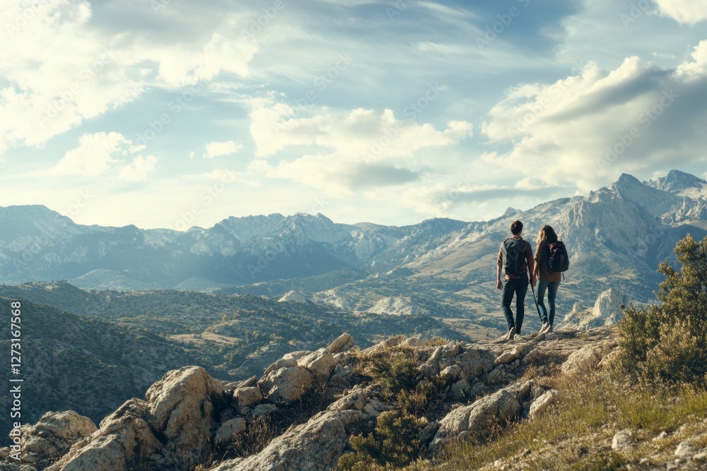 Couple Hiking in Serene Mountain Landscape Under Blue Sky Couple Hiking in Serene Mountain Landscape Under Blue Sky