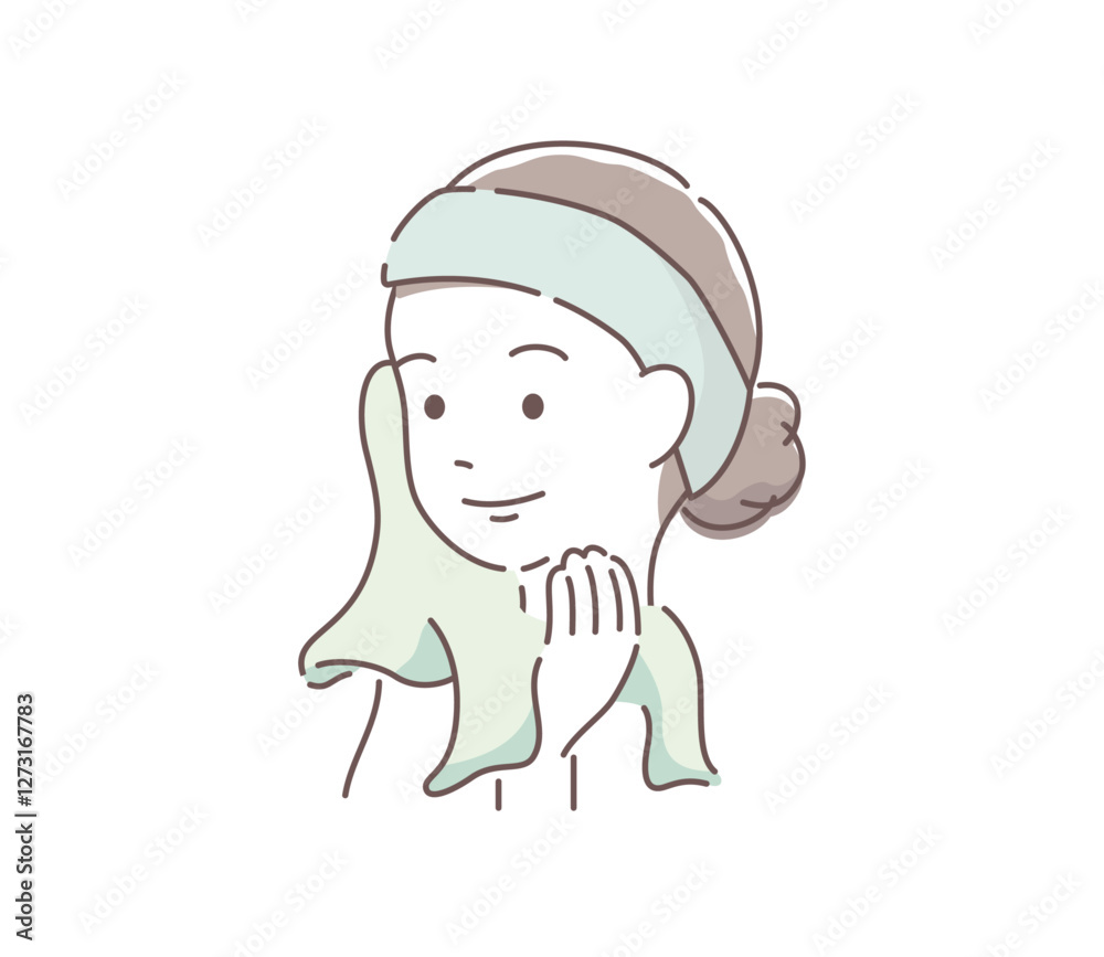 Obraz premium タオルで顔を拭く女性のイラスト ベクター 