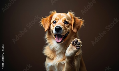 Wallpaper Mural A playful golden retriever puppy raising its paw, exuding joy and friendliness, perfect for pet care, marketing, and lifestyle themes. Torontodigital.ca