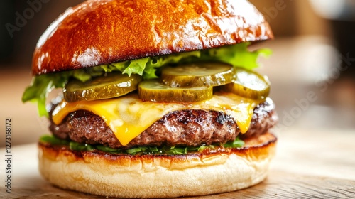 Close-up of a tasty burger with tangy pickles, melted cheese, and caramelized onions