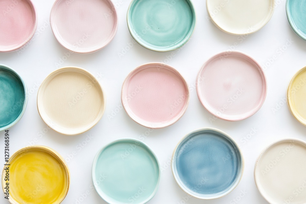 Colorful Ceramic Plates in Soft Pastel Shades on a White Background Colorful Ceramic Plates in Soft Pastel Shades on a White Background