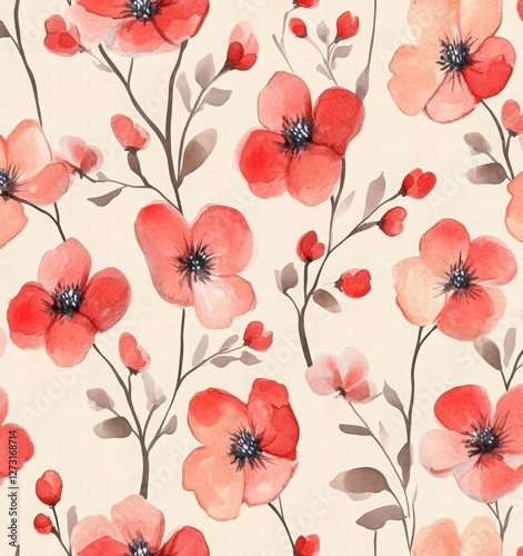 Seamless pattern with watercolor flowers on a beige background, a floral red and pink print for textile design or wall art decoration. Watercolor illustration of delicate red blossoms and leaves.