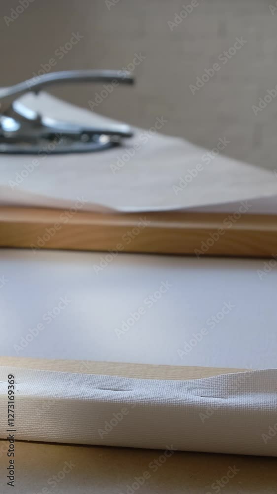 Vertical video. Hands stretching canvas on stretcher bars with staple gun in workshop. Gallery wrap. Print on canvas. Vertical video. Hands stretching canvas on stretcher bars with staple gun in workshop. Gallery wrap. Print on canvas.