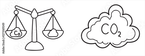 Net Zero Scales balancing carbon and CO2 cloud illustration.