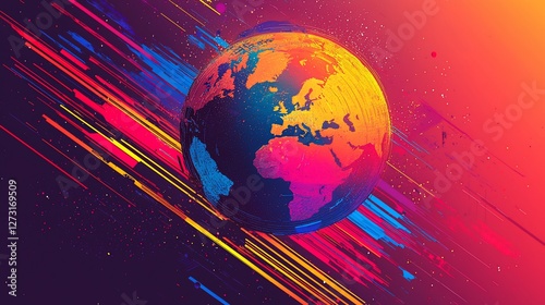 Vibrant earth globe with colorful streaks.