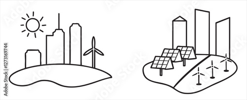 Net Zero Sustainable cityscape with renewable energy sources illustrated.