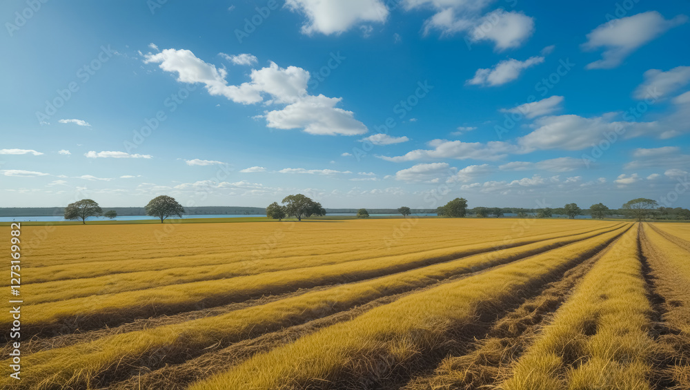 a field of grass with trees and water in the background