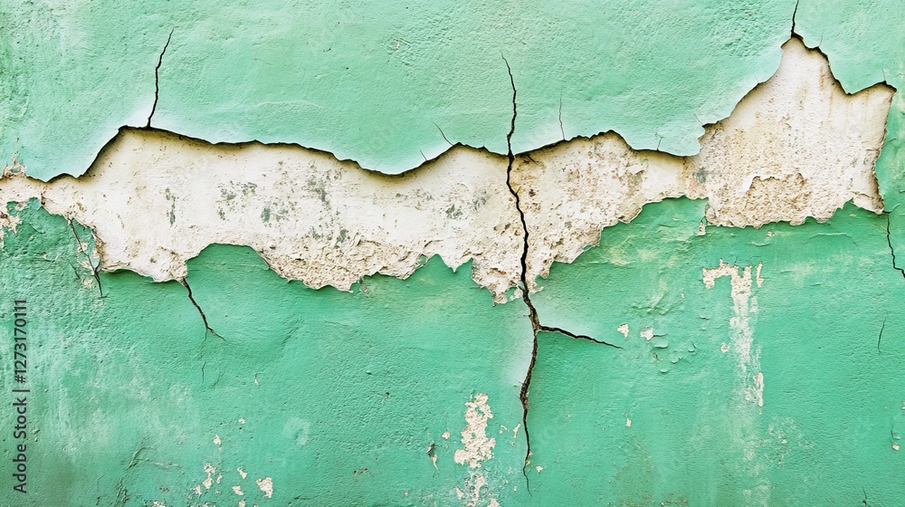 Obraz premium Peeling Paint, Cracked Wall Texture, Green and White Crackle, Peeling Surface