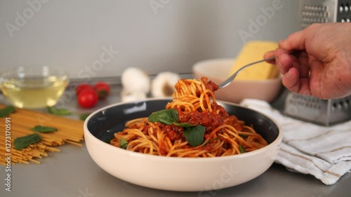 Balanesi pasta dish is being prepared, a chef twirls spaghetti with a fork, lifting a portion above the plate, surrounded by ingredients like tomatoes, garlic, basil, olive oil, and a cheese grater