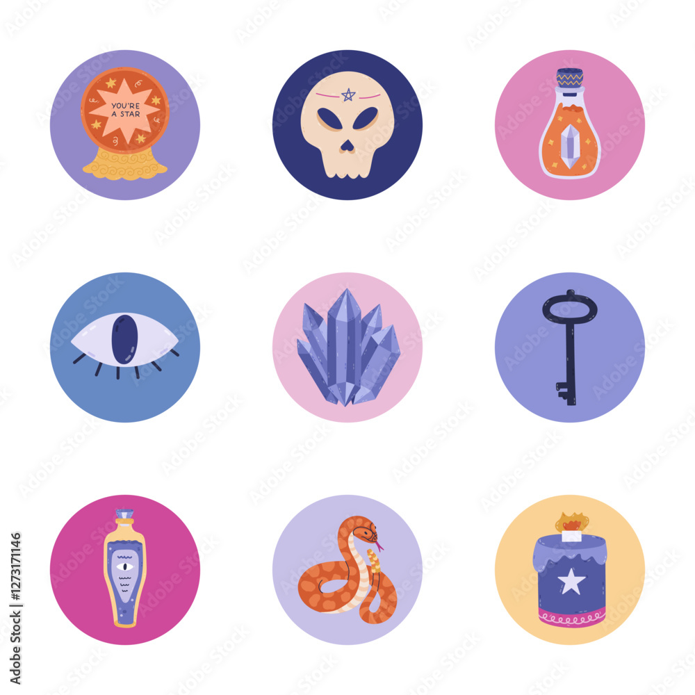 Cute mysterious round cover icons with magician elements for social media, blogs, business, branding. Highlights for stories with snake, human skull, key, magical liquid clipart in bright colors.