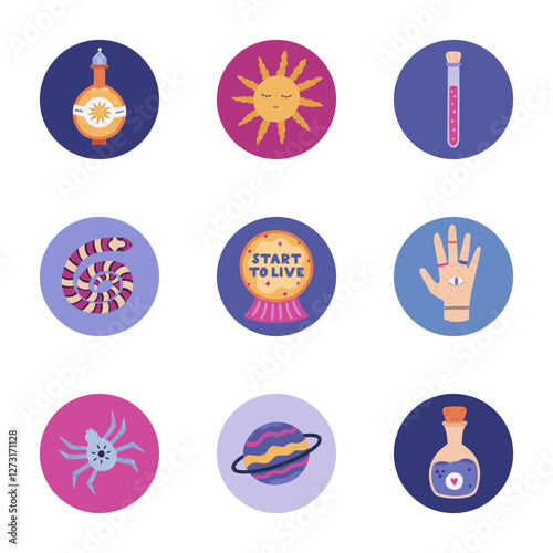 Trendy astrology round cover icons with mystical elements for social media, blogs, business, branding. Highlights for stories with magic potion, planet, tarot Sun, palmistry clipart in vivid colors.