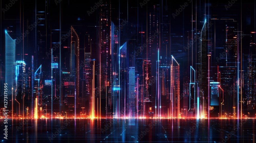 Fototapeta premium Dynamic Cityscape at Night with Vibrant Illumination and Abstract Geometric Light Display