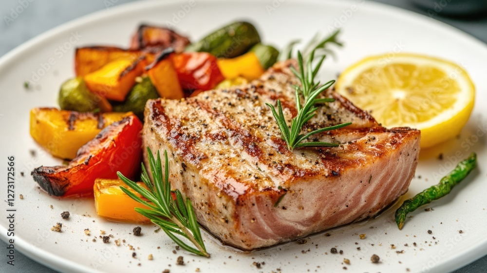 Grilled fish steak with roasted vegetables and lemon Grilled fish steak with roasted vegetables and lemon