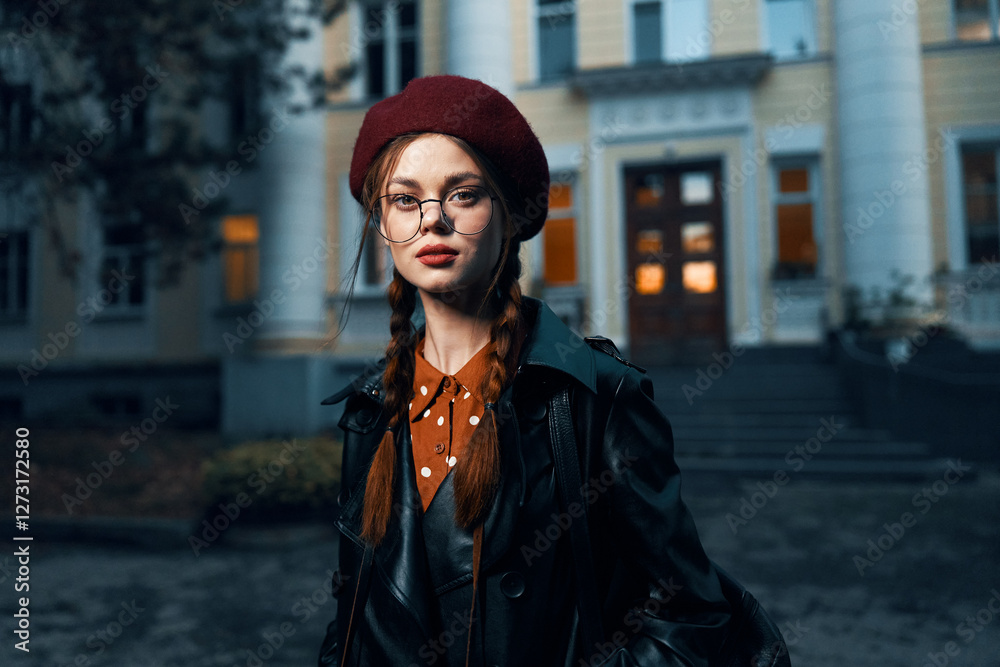 Stylish woman in red beret and glasses standing in front of vintage building on city street Stylish woman in red beret and glasses standing in front of vintage building on city street