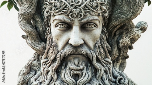 A god from the Slavic tradition, depicted with intricate nature symbols and a peaceful expression on a white background.