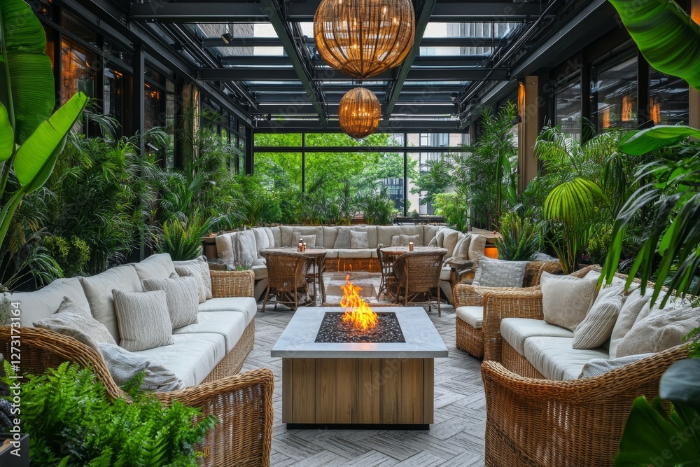 Fototapeta premium Tropical Outdoor Patio with Fireplace and Lush Greenery