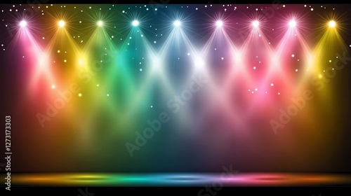 Colorful stage lights with rainbow glow and sparkles.