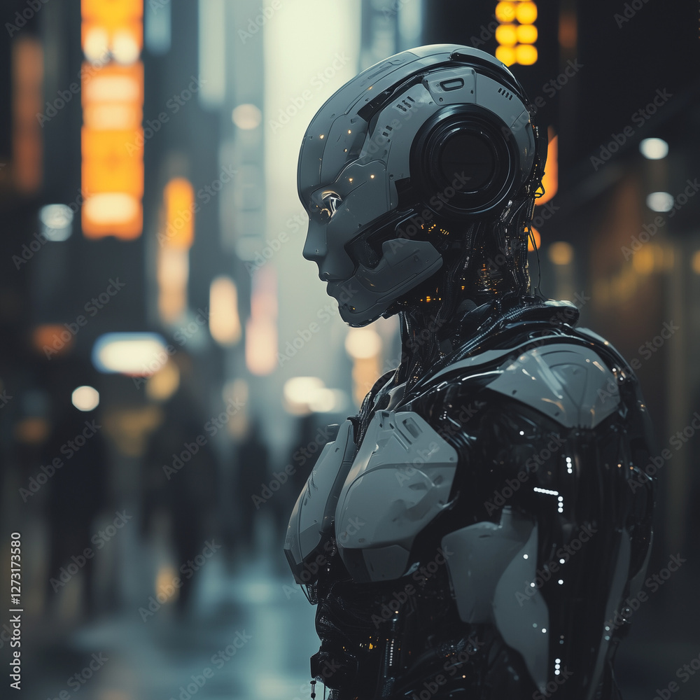 A futuristic android in a high-tech city surrounded by neon lights