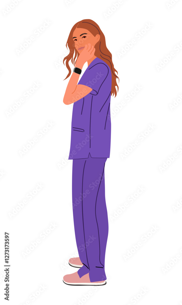 Female doctor. Portrait of young smiling woman medic worker in uniform purple scrub. Flat cartoon vector realistic illustration isolated Female doctor. Portrait of young smiling woman medic worker in uniform purple scrub. Flat cartoon vector realistic illustration isolated
