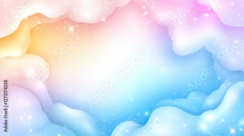 A dreamy pastel background featuring soft clouds and sparkling stars creates a serene atmosphere, ideal for use in invitations, greeting cards, and social media posts conveying magic and whimsy,