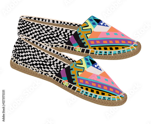 Modern Espadrilles moccasins with flat rope sole and canvas abstract printed upper. Fashion trendy summer colorful footwear. Vector illustration of womens shoes isolated