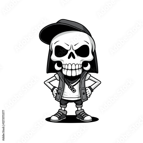 a skull emoji wearing a baseball cap, a t-shirt, and sneakers.