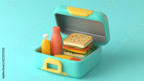 A cute and simple 3D icon of a school lunchbox with a sandwich and juice bottle inside.