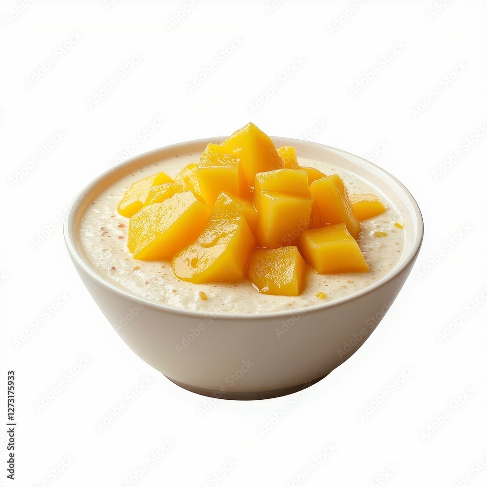 Bowl of Mango Cubes on Oatmeal Breakfast Cereal Ready to Eat for Morning Healthy Eating