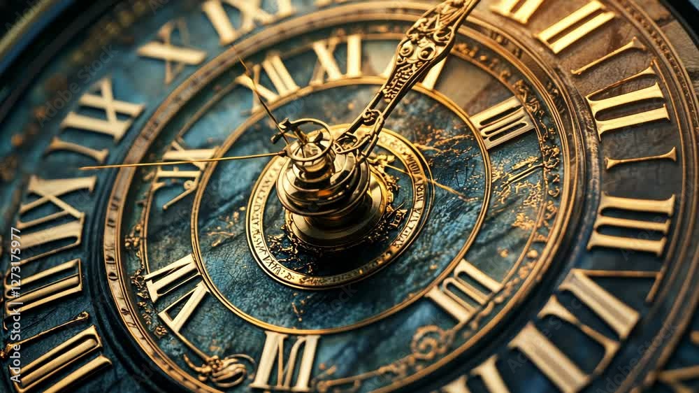Close-up of an antique clock face with Roman numerals, intricate gold details, and a dark blue background.