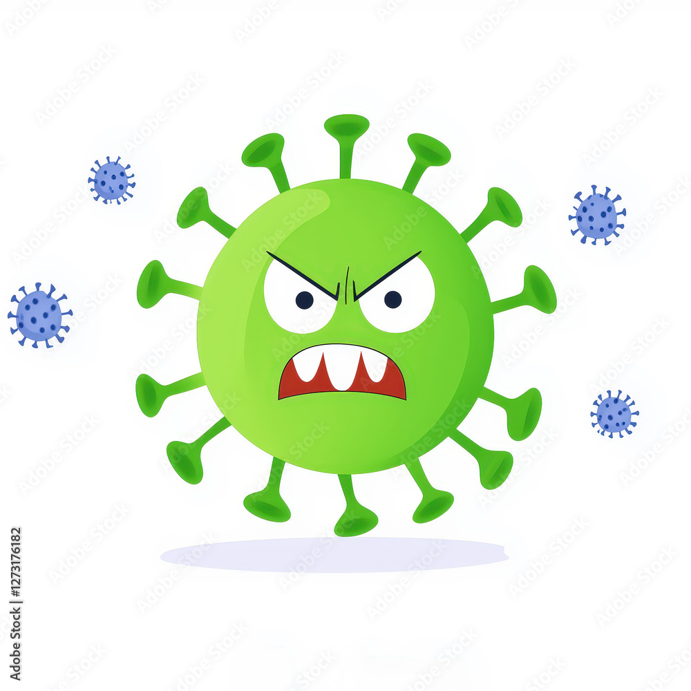 Angry cartoon virus character with green color and bold outline