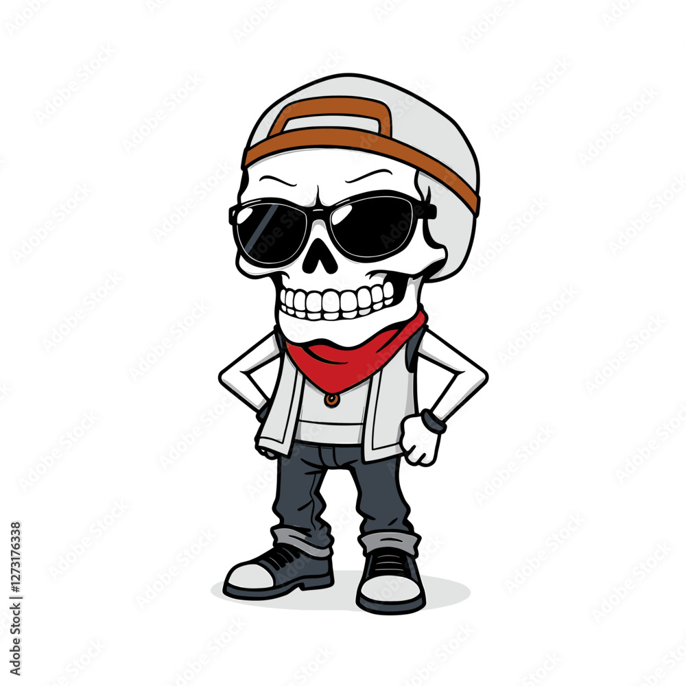 Fototapeta premium a skull emoji wearing sunglasses, a baseball cap, and a red bandana.