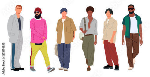 Set of Street fashion men vector illustrations. Young men wearing trendy modern street style outfit standing and walking. Cartoon stylish male characters
