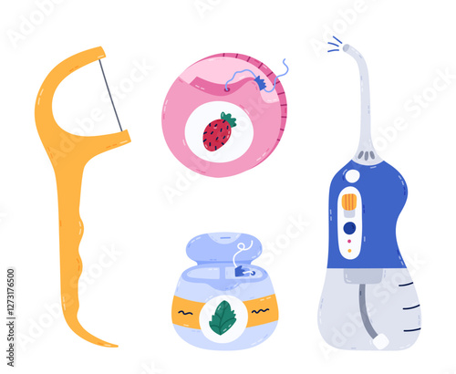 Lovely cartoon set of dental floss and irrigator for gum care and interdental hygiene. Trendy hand drawn teeth strings different types in container, holder, electronic water flosser. Stomatology tool.