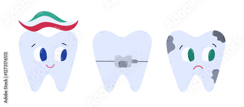 Lovely cartoon set of teeth character with different emotions and health condition. Hand drawn cheerful health tooth with toothpaste, sad ill tooth, in dental braces. Oral treatment clipart isolated.